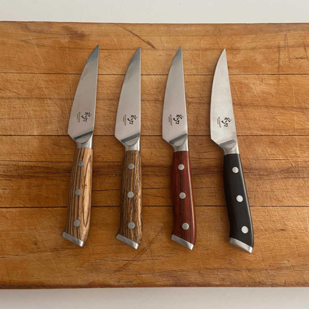 Riceknife® Denmark Limited Edition Damaskus Steakknivsæt med 67 lag VG10 kerne-Damaskusstål og håndtag af fire eksotiske træsorter fra Eclipses Series, designet af chef.