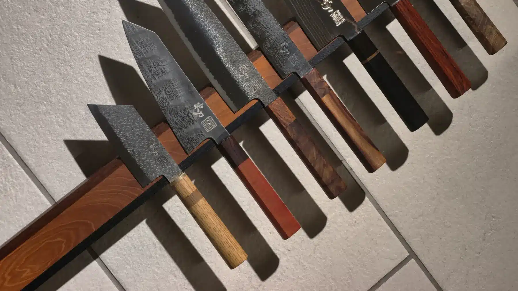 Specialfremstillede knive på en vægliste set skråt fra siden